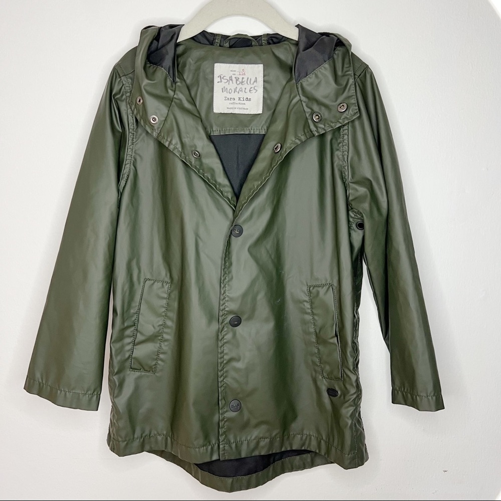 Zara Unisex Dark Green Rain Jacket With Hood Size 6